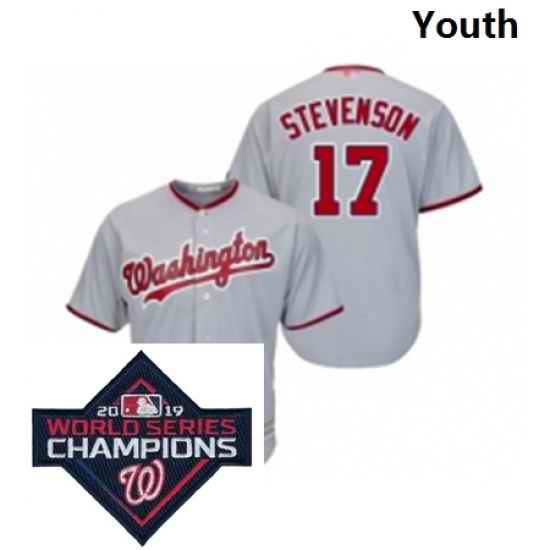 Youth Washington Nationals 17 Andrew Stevenson Grey Road Cool Base Baseball Stitched 2019 World Series Champions Patch Jersey